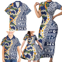 Hawaiian Plumeria Lei Family Matching Short Sleeve Bodycon Dress and Hawaiian Shirt Kakau Motifs and Palaka Half Style Blue Color - Polynesian Pride