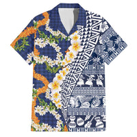 Hawaiian Plumeria Lei Family Matching Short Sleeve Bodycon Dress and Hawaiian Shirt Kakau Motifs and Palaka Half Style Blue Color - Polynesian Pride
