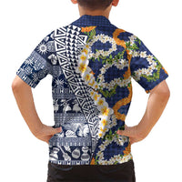 Hawaiian Plumeria Lei Family Matching Summer Maxi Dress and Hawaiian Shirt Kakau Motifs and Palaka Half Style Blue Color - Polynesian Pride