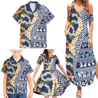 Hawaiian Plumeria Lei Family Matching Summer Maxi Dress and Hawaiian Shirt Kakau Motifs and Palaka Half Style Blue Color - Polynesian Pride