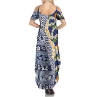 Hawaiian Plumeria Lei Family Matching Summer Maxi Dress and Hawaiian Shirt Kakau Motifs and Palaka Half Style Blue Color - Polynesian Pride