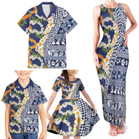 Hawaiian Plumeria Lei Family Matching Tank Maxi Dress and Hawaiian Shirt Kakau Motifs and Palaka Half Style Blue Color - Polynesian Pride