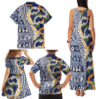 Hawaiian Plumeria Lei Family Matching Tank Maxi Dress and Hawaiian Shirt Kakau Motifs and Palaka Half Style Blue Color - Polynesian Pride