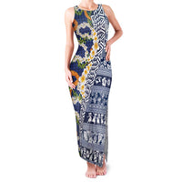 Hawaiian Plumeria Lei Family Matching Tank Maxi Dress and Hawaiian Shirt Kakau Motifs and Palaka Half Style Blue Color - Polynesian Pride