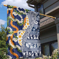 Hawaiian Plumeria Lei Garden Flag Kakau Motifs and Palaka Half Style Blue Color - Polynesian Pride