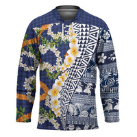 Hawaiian Plumeria Lei Hockey Jersey Kakau Motifs and Palaka Half Style Blue Color - Polynesian Pride