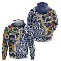 Hawaiian Plumeria Lei Hoodie Kakau Motifs and Palaka Half Style Blue Color - Polynesian Pride