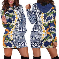 Hawaiian Plumeria Lei Hoodie Dress Kakau Motifs and Palaka Half Style Blue Color - Polynesian Pride