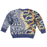 Hawaiian Plumeria Lei Kid Ugly Christmas Sweater Kakau Motifs and Palaka Half Style Blue Color - Polynesian Pride
