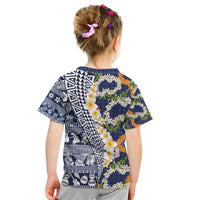 Hawaiian Plumeria Lei Kid T Shirt Kakau Motifs and Palaka Half Style Blue Color - Polynesian Pride