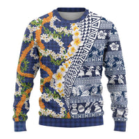 Hawaiian Plumeria Lei Ugly Christmas Sweater Kakau Motifs and Palaka Half Style Blue Color - Polynesian Pride
