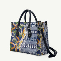 Hawaiian Plumeria Lei Leather Bag Kakau Motifs and Palaka Half Style Blue Color LT03 Blue - Polynesian Pride