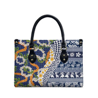 Hawaiian Plumeria Lei Leather Bag Kakau Motifs and Palaka Half Style Blue Color LT03 - Polynesian Pride