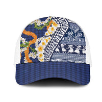 Hawaiian Plumeria Lei Mesh Trucker Cap Kakau Motifs and Palaka Half Style Blue Color LT03 One Size White Blue - Polynesian Pride