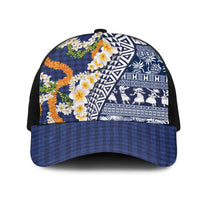Hawaiian Plumeria Lei Mesh Trucker Cap Kakau Motifs and Palaka Half Style Blue Color LT03 One Size Black Blue - Polynesian Pride