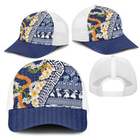 Hawaiian Plumeria Lei Mesh Trucker Cap Kakau Motifs and Palaka Half Style Blue Color LT03 - Polynesian Pride