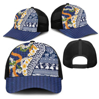Hawaiian Plumeria Lei Mesh Trucker Cap Kakau Motifs and Palaka Half Style Blue Color LT03 - Polynesian Pride