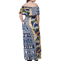 Hawaiian Plumeria Lei Off Shoulder Maxi Dress Kakau Motifs and Palaka Half Style Blue Color - Polynesian Pride