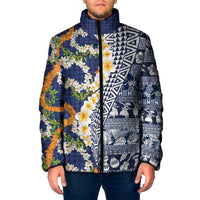Hawaiian Plumeria Lei Padded Jacket Kakau Motifs and Palaka Half Style Blue Color LT03 Men Blue - Polynesian Pride