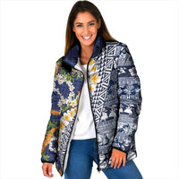 Hawaiian Plumeria Lei Padded Jacket Kakau Motifs and Palaka Half Style Blue Color LT03 Women Blue - Polynesian Pride