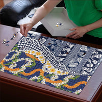Hawaiian Plumeria Lei Puzzle Kakau Motifs and Palaka Half Style Blue Color LT03 - Polynesian Pride