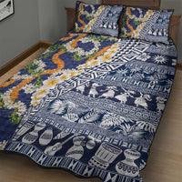 Hawaiian Plumeria Lei Quilt Bed Set Kakau Motifs and Palaka Half Style Blue Color - Polynesian Pride