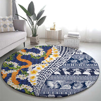 Hawaiian Plumeria Lei Round Carpet Kakau Motifs and Palaka Half Style Blue Color - Polynesian Pride