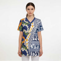 Hawaiian Plumeria Lei Scrub Top Kakau Motifs and Palaka Half Style Blue Color LT03 - Polynesian Pride