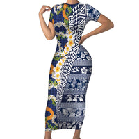 Hawaiian Plumeria Lei Short Sleeve Bodycon Dress Kakau Motifs and Palaka Half Style Blue Color - Polynesian Pride