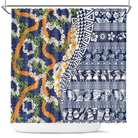 Hawaiian Plumeria Lei Shower Curtain Kakau Motifs and Palaka Half Style Blue Color - Polynesian Pride