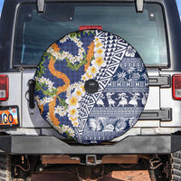 Hawaiian Plumeria Lei Spare Tire Cover Kakau Motifs and Palaka Half Style Blue Color - Polynesian Pride