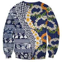 Hawaiian Plumeria Lei Sweatshirt Kakau Motifs and Palaka Half Style Blue Color LT03 - Polynesian Pride
