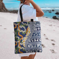 Hawaiian Plumeria Lei Tote Bag Kakau Motifs and Palaka Half Style Blue Color - Polynesian Pride