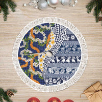 Hawaiian Plumeria Lei Tree Skirt Kakau Motifs and Palaka Half Style Blue Color - Polynesian Pride