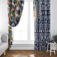 Hawaiian Plumeria Lei Window Curtain Kakau Motifs and Palaka Half Style Blue Color - Polynesian Pride