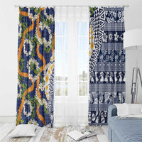 Hawaiian Plumeria Lei Window Curtain Kakau Motifs and Palaka Half Style Blue Color - Polynesian Pride