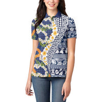 Hawaiian Plumeria Lei Women Polo Shirt Kakau Motifs and Palaka Half Style Blue Color - Polynesian Pride