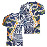 Hawaiian Plumeria Lei Women V-Neck T-Shirt Kakau Motifs and Palaka Half Style Blue Color - Polynesian Pride
