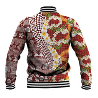 Hawaiian Plumeria Lei Baseball Jacket Kakau Motifs and Palaka Half Style Red Color LT03 - Polynesian Pride