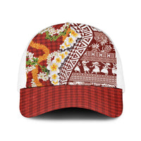 Hawaiian Plumeria Lei Baseball Net Cap Kakau Motifs and Palaka Half Style Red Color LT03 One Size White Red - Polynesian Pride