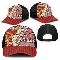 Hawaiian Plumeria Lei Baseball Net Cap Kakau Motifs and Palaka Half Style Red Color LT03 - Polynesian Pride