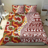 Hawaiian Plumeria Lei Bedding Set Kakau Motifs and Palaka Half Style Red Color - Polynesian Pride