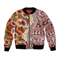 Hawaiian Plumeria Lei Bomber Jacket Kakau Motifs and Palaka Half Style Red Color - Polynesian Pride