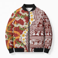 Hawaiian Plumeria Lei Bomber Puffer Jacket Kakau Motifs and Palaka Half Style Red Color LT03 Unisex Red - Polynesian Pride