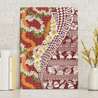 Hawaiian Plumeria Lei Canvas Wall Art Kakau Motifs and Palaka Half Style Red Color LT03 Without Frame Red - Polynesian Pride