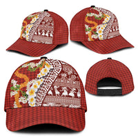 Hawaiian Plumeria Lei Classic Cap Kakau Motifs and Palaka Half Style Red Color LT03 - Polynesian Pride