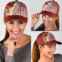 Hawaiian Plumeria Lei Classic Cap Kakau Motifs and Palaka Half Style Red Color LT03 - Polynesian Pride