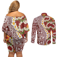 Hawaiian Plumeria Lei Couples Matching Off Shoulder Short Dress and Long Sleeve Button Shirt Kakau Motifs and Palaka Half Style Red Color - Polynesian Pride