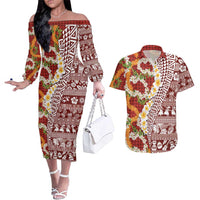 Hawaiian Plumeria Lei Couples Matching Off The Shoulder Long Sleeve Dress and Hawaiian Shirt Kakau Motifs and Palaka Half Style Red Color - Polynesian Pride