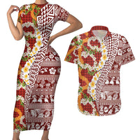 Hawaiian Plumeria Lei Couples Matching Short Sleeve Bodycon Dress and Hawaiian Shirt Kakau Motifs and Palaka Half Style Red Color - Polynesian Pride